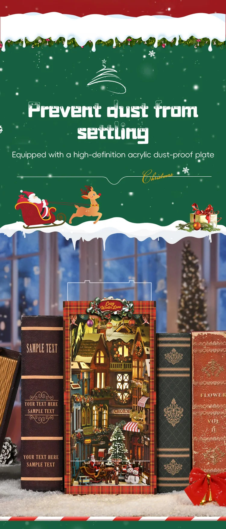 A DIY wooden book nook kit featuring a Christmas street corner miniature model with detailed scenery and figures.