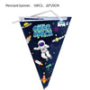 A dark blue pennant banner shaped like a triangle featuring an outer space theme with planets, rockets, and stars.