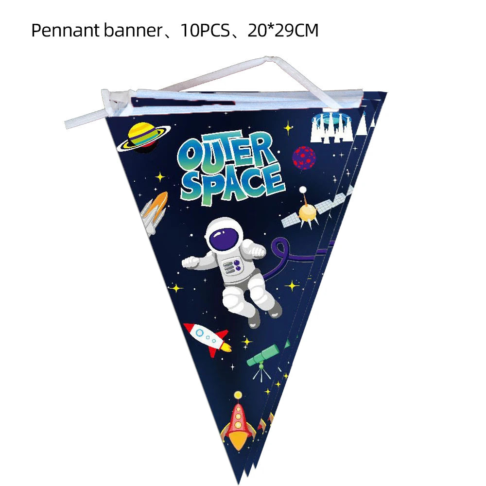 A dark blue pennant banner shaped like a triangle featuring an outer space theme with planets, rockets, and stars.