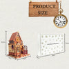 A wooden dollhouse miniature kit showing the product size and a detailed model of a historic-style building.