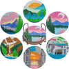 A set of nine colorful mandala flower 5D diamond painting coasters featuring various landscapes and scenes.