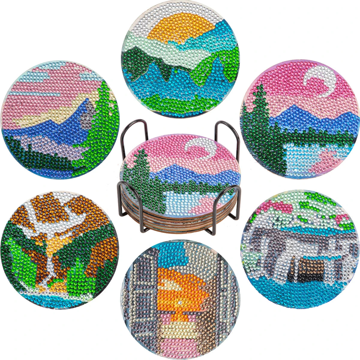 A set of nine colorful mandala flower 5D diamond painting coasters featuring various landscapes and scenes.