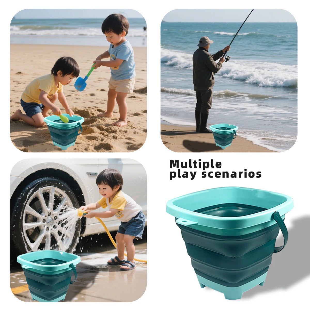 A turquoise expandable sand bucket toy being used by toddlers in various outdoor play scenarios.
