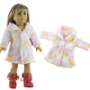 A plush pink and white faux fur coat with yellow polka dots and red boots for a doll.