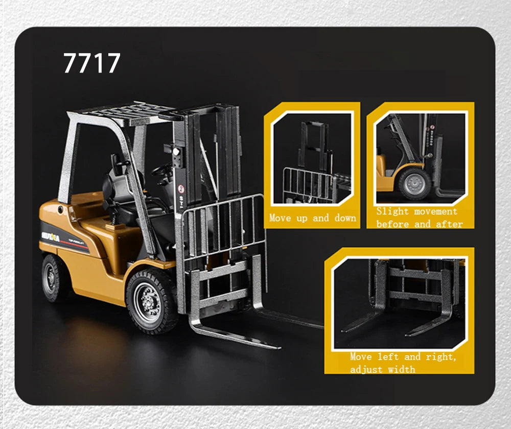 A yellow die-cast toy excavator construction vehicle with a metal guard and various movement features shown in close-up views