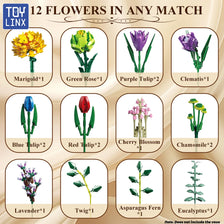 A set of 12 everlasting flowers including marigold, rose, tulip, clematis, blossom, chamomile, lavender, twig, and asparagus 