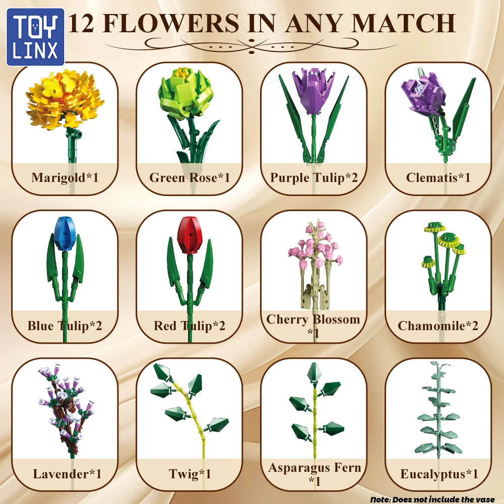 A set of 12 everlasting flowers including marigold, rose, tulip, clematis, blossom, chamomile, lavender, twig, and asparagus 