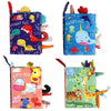 A colorful soft sensory cloth book for babies featuring dinosaur, ocean, and farm animal characters.