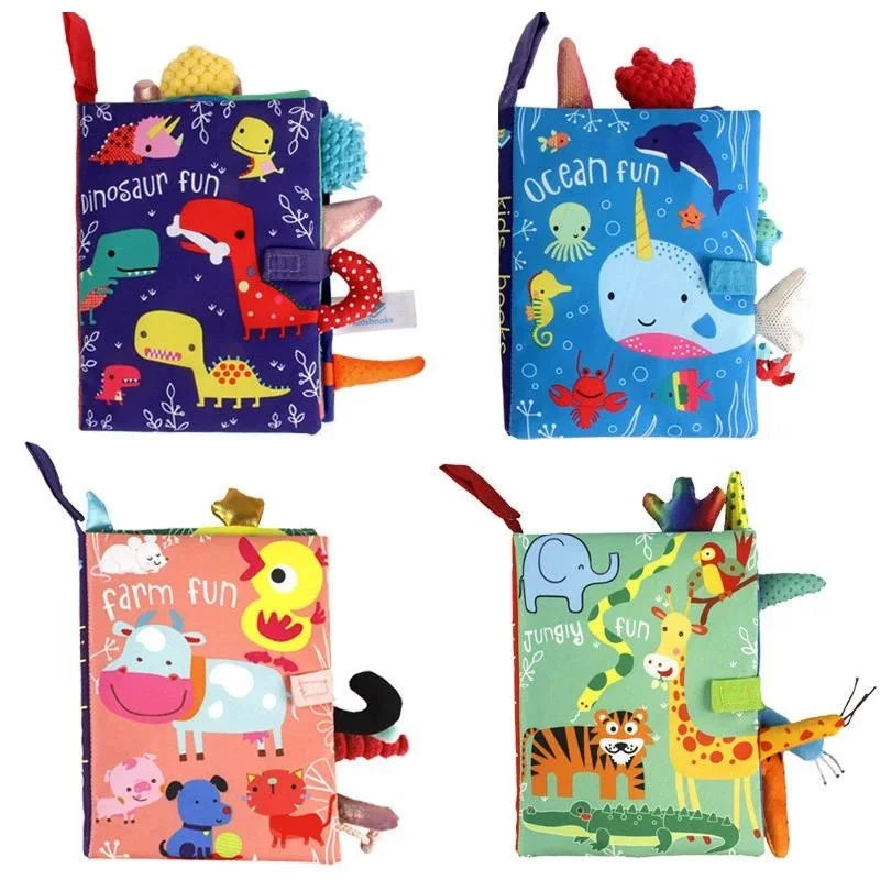 A colorful soft sensory cloth book for babies featuring dinosaur, ocean, and farm animal characters.