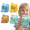 Three versions of a mini claw machine toy for kids in blue and yellow, being held by a young child.