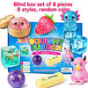 A colorful box set of 8 squishy toys including a strawberry, ice cube, and pink pig.