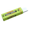 A lime green electric shock gum prank toy with a white plastic tip and text instructing to pull here.