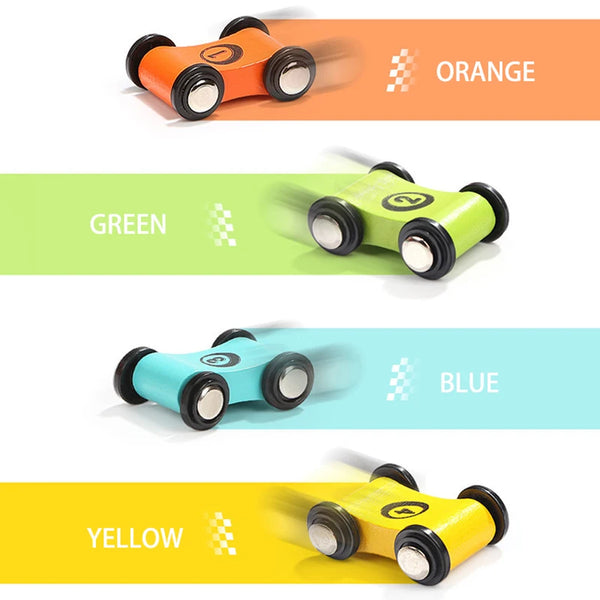 A wooden sliding race car toy set in various colors including orange, green, blue, and yellow.