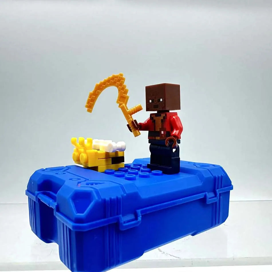 A Minecraft Steve figure with a yellow pickaxe standing on a blue crate.