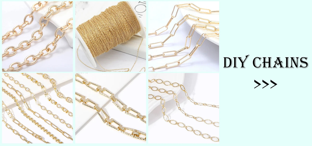 Various DIY gold-plated brass chains and round spacer beads for jewelry making displayed on a white background.
