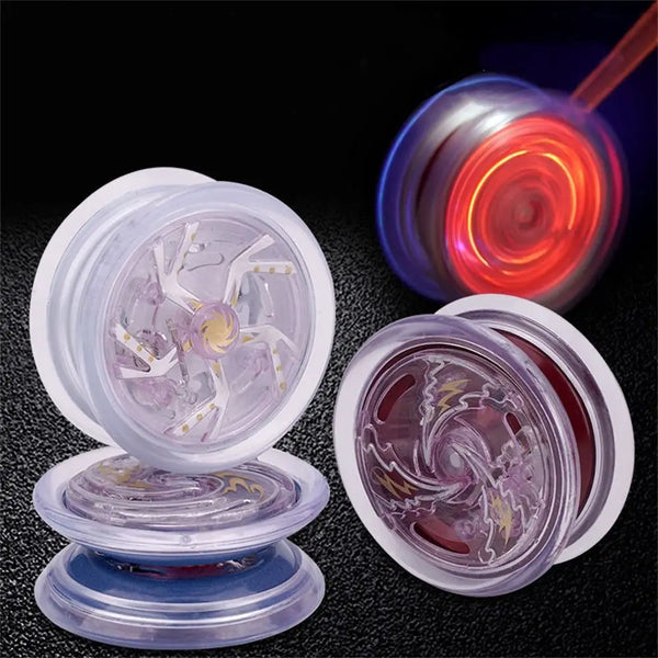 A high-speed aluminum beginner yo-yo is shown with a spinning red light effect.