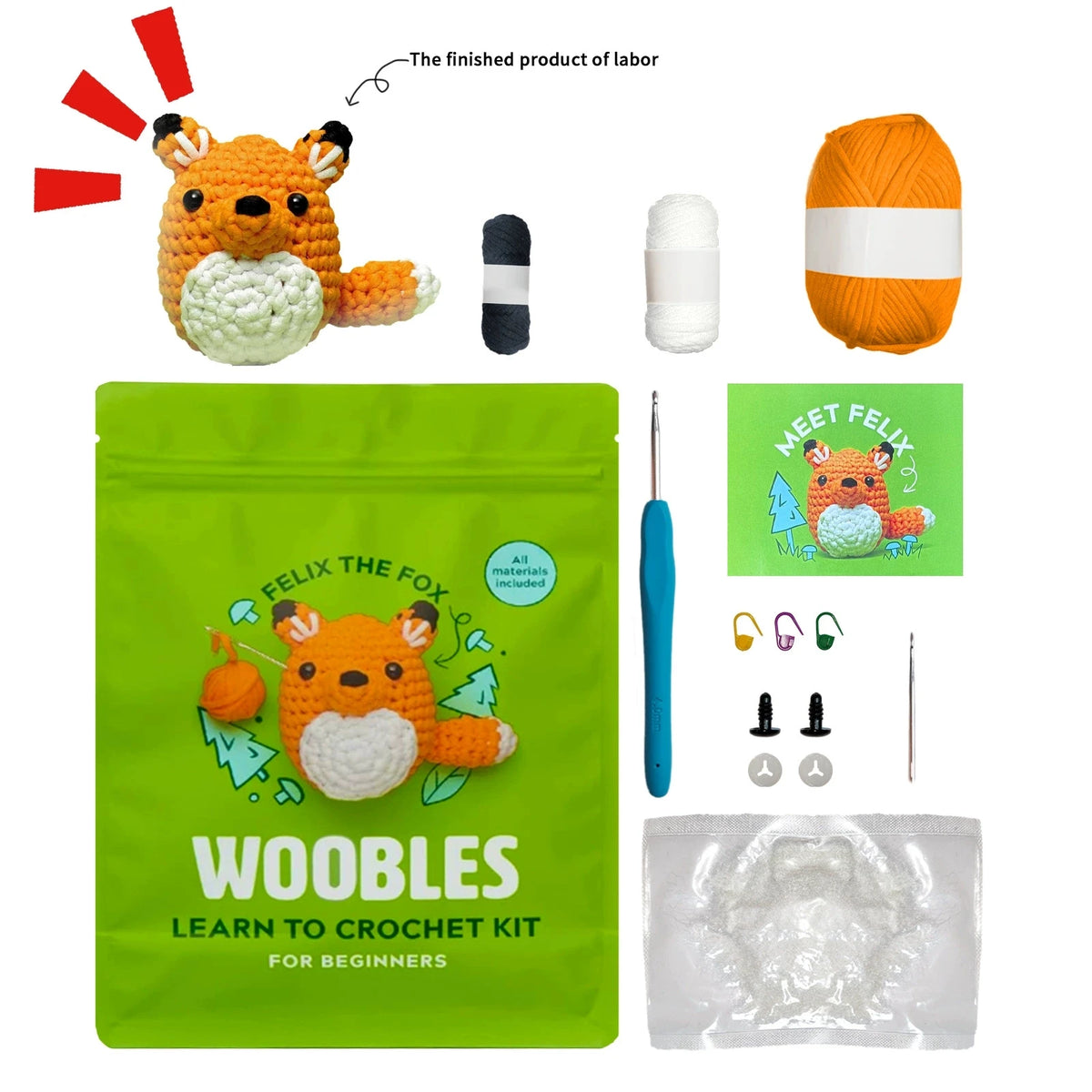 A green pouch containing a wool and needle crochet kit for beginners, with an orange fox toy visible.