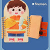 A wooden multi-layer busy board for toddlers featuring a boy dressed as a fireman with an orange uniform and helmet.