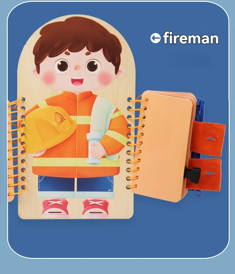 A wooden multi-layer busy board for toddlers featuring a boy dressed as a fireman with an orange uniform and helmet.