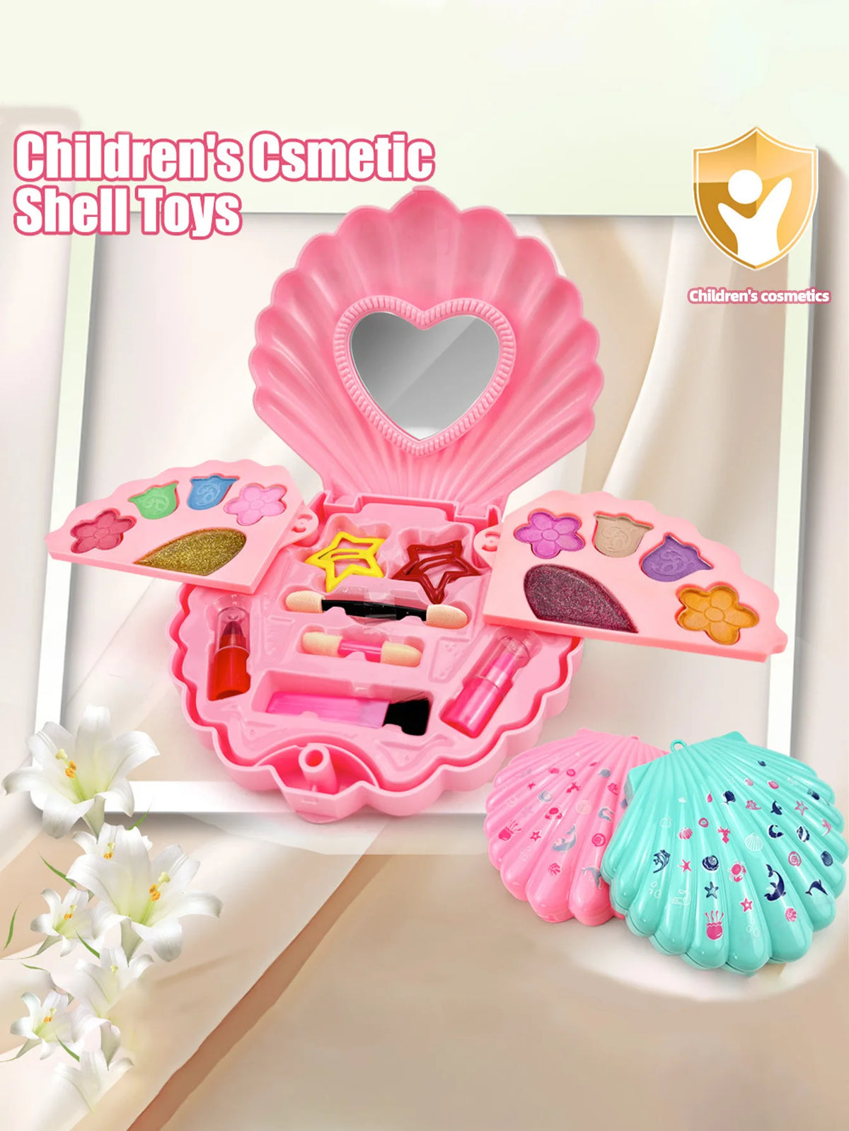 A pink cosmetic shell toy set for children featuring various makeup products and seashell accessories.