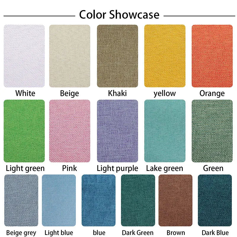 A showcase of various linen book binding cloth colors including white, beige, khaki, yellow, orange, pink, purple, green, and