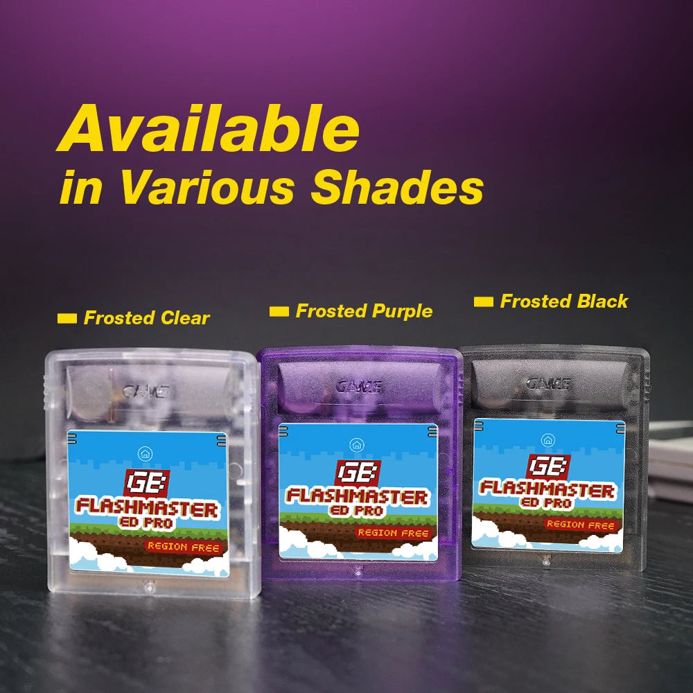 Three translucent game cartridges in frosted clear, purple, and black shades are displayed on a dark surface.