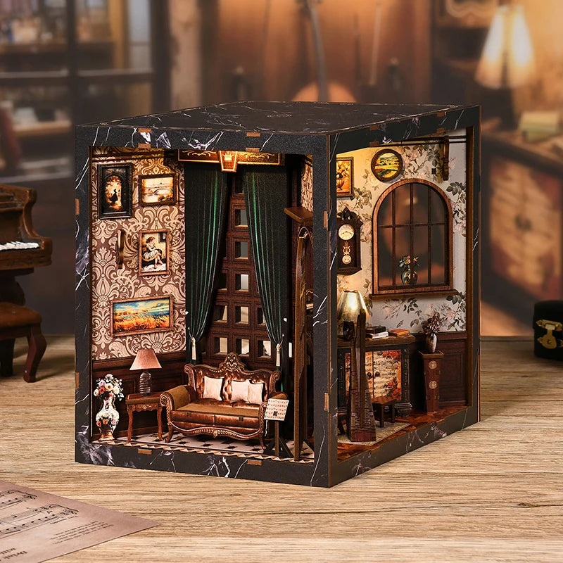 A dark wooden book nook kit featuring a detailed vintage music room scene with miniature furniture and LED lighting.