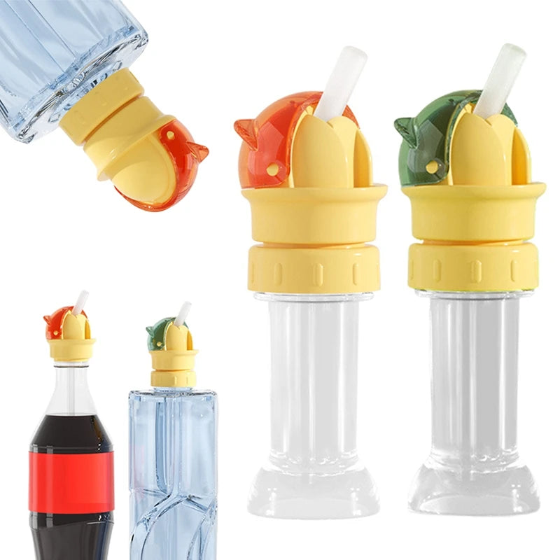 A set of 2-in-1 anti-choking straw and bottle cap converters in yellow and green for kids