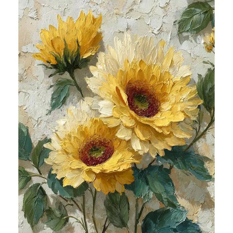 A painting of yellow and white sunflowers on green leaves.