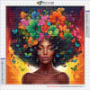 Diamond painting of an African woman with a vibrant floral crown and butterfly accents.