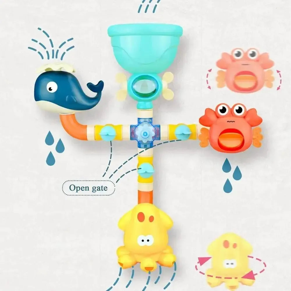 A set of suction cup water spinner bath toys featuring a blue duck, orange frog, and yellow duck, shown with water splashing.