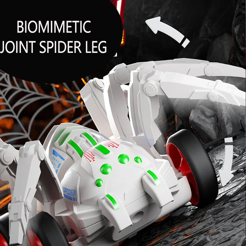 A white robotic spider leg joint is shown in a close-up, demonstrating the biomemetic joint mechanism.
