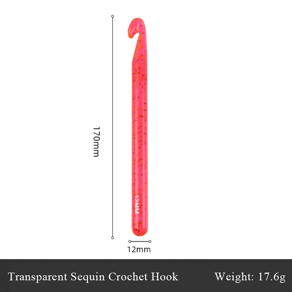 A single transparent sequin crochet hook in bright pink is shown vertically with a 170mm length.