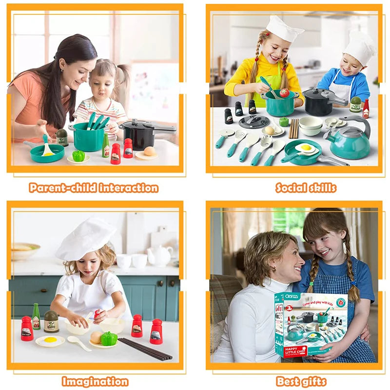 A set of kids pretend play kitchen with pots, pans, and utensils used for parent-child interaction, social skills, imaginatio