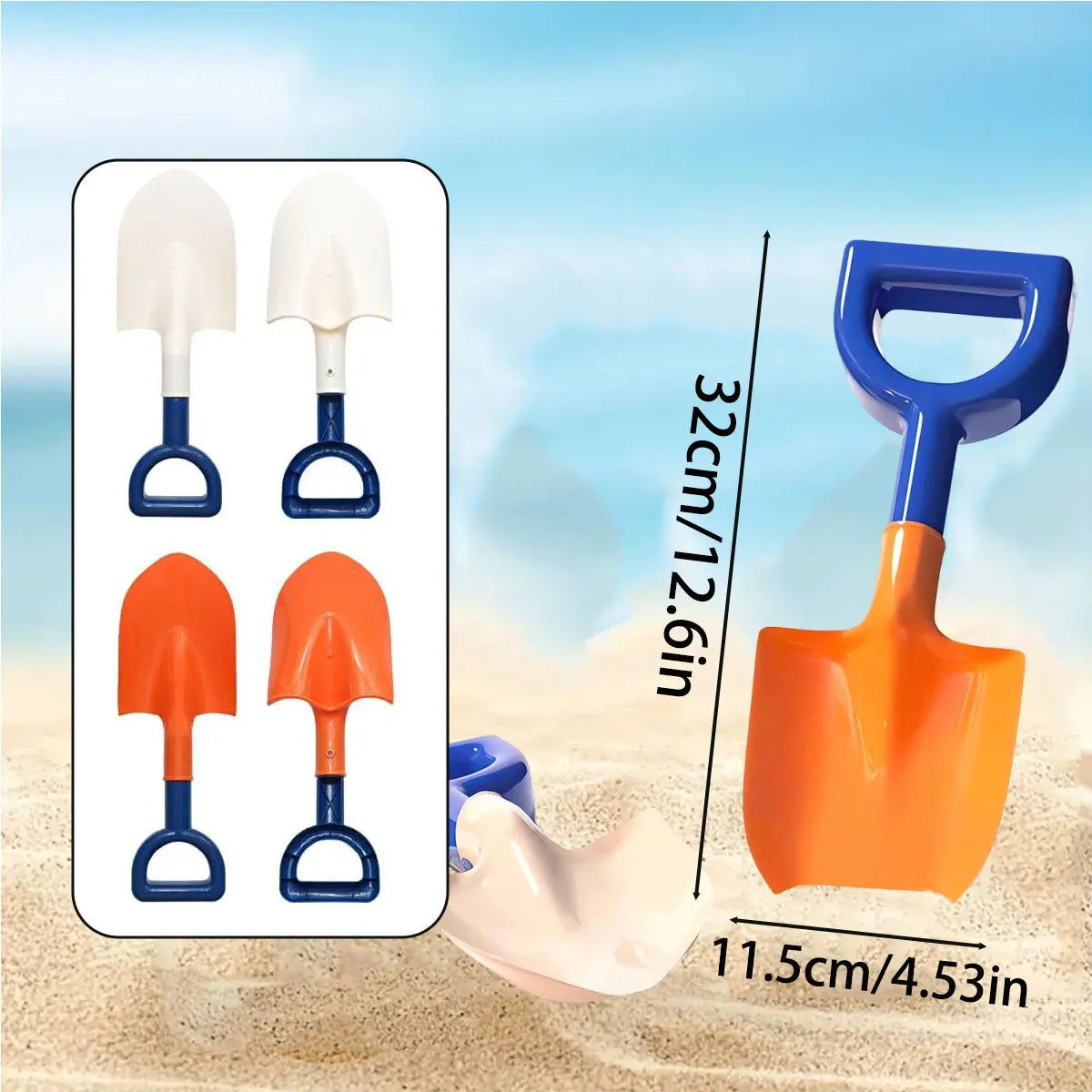 A set of orange and white plastic excavator digging toys for sand and snow are shown on a beach.