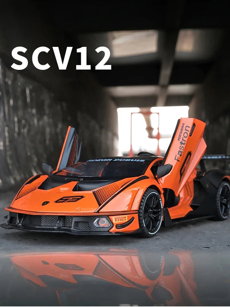 Orange 1:24 Lamborghini Essenza SCV12 diecast model car with sound and light