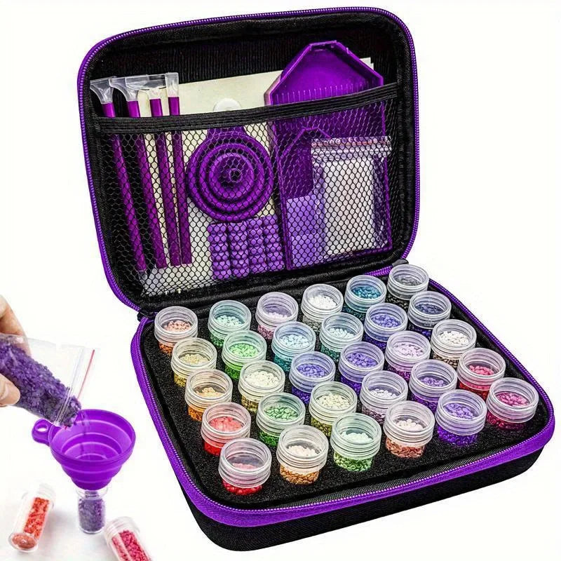 A purple diamond painting storage kit with various tools and paint pots organized in a black box.