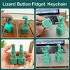 A green lizard button fidget keychain is shown in various forms and contexts.