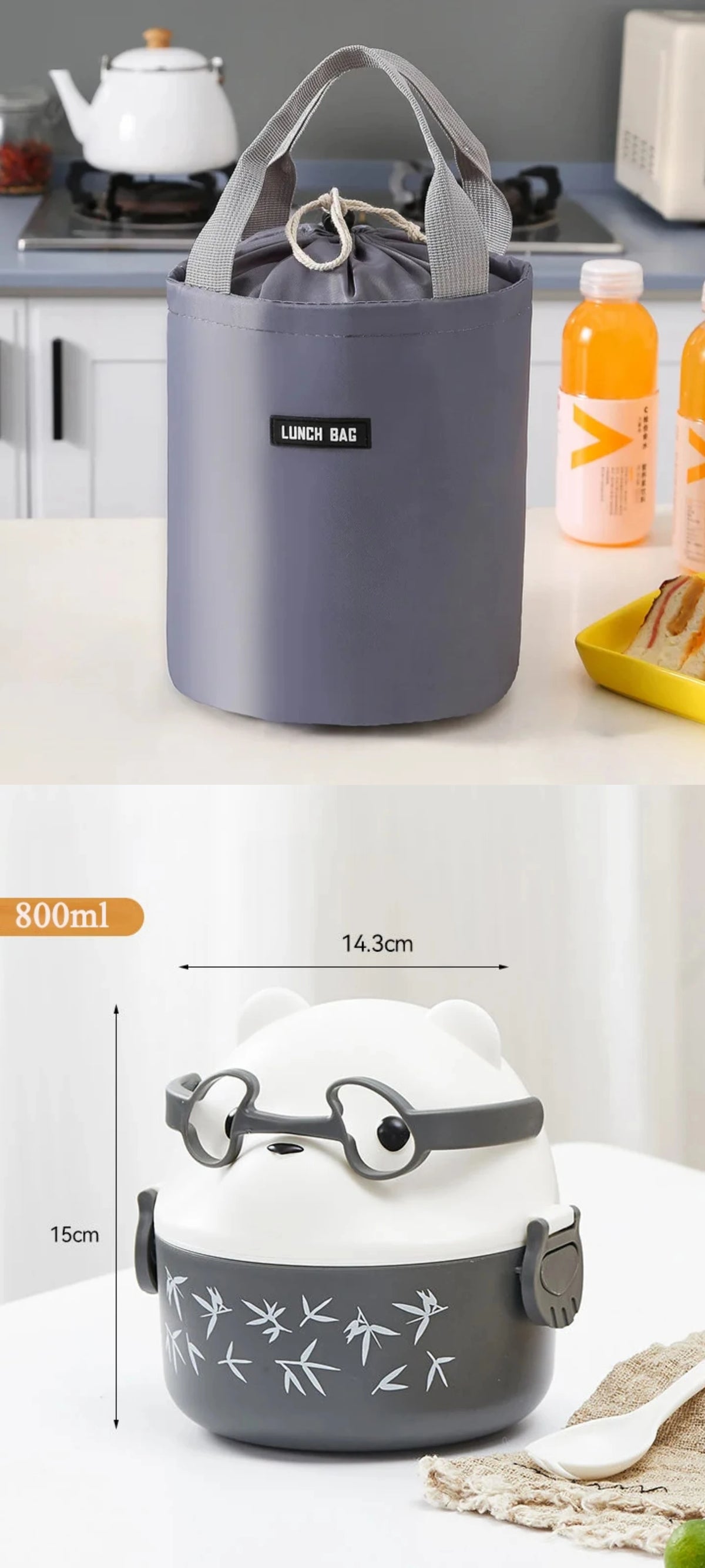 A white bear-shaped stackable bento lunch box with glasses is shown next to a gray fabric lunch bag.