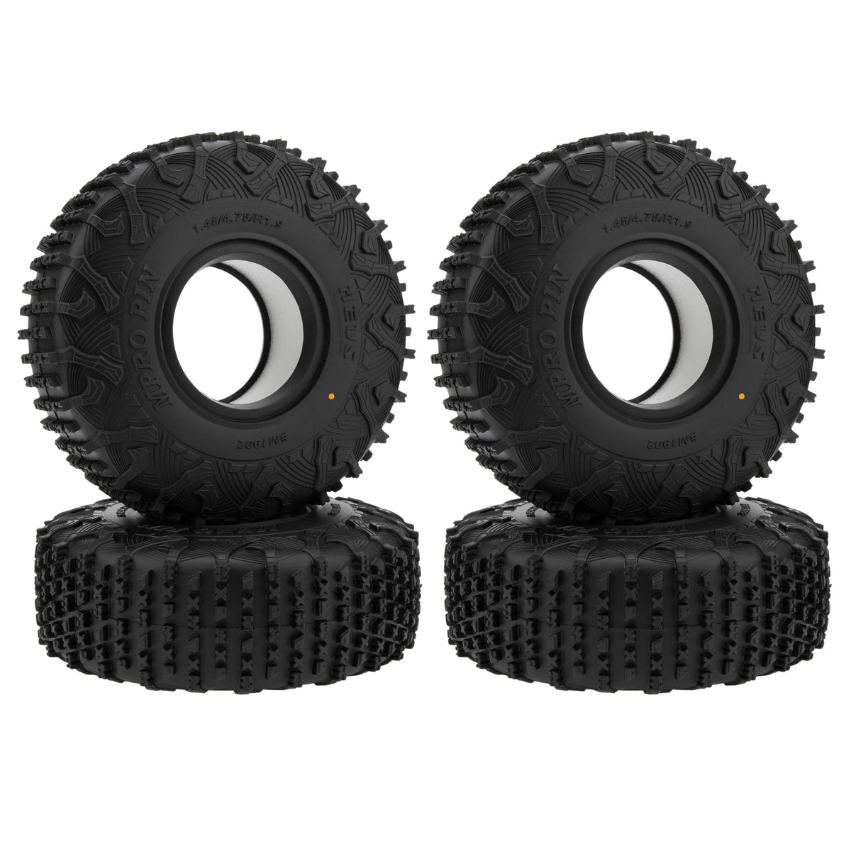 A pair of black Super Bouncer 1.9 crawler tires mounted on black rubber mounts.