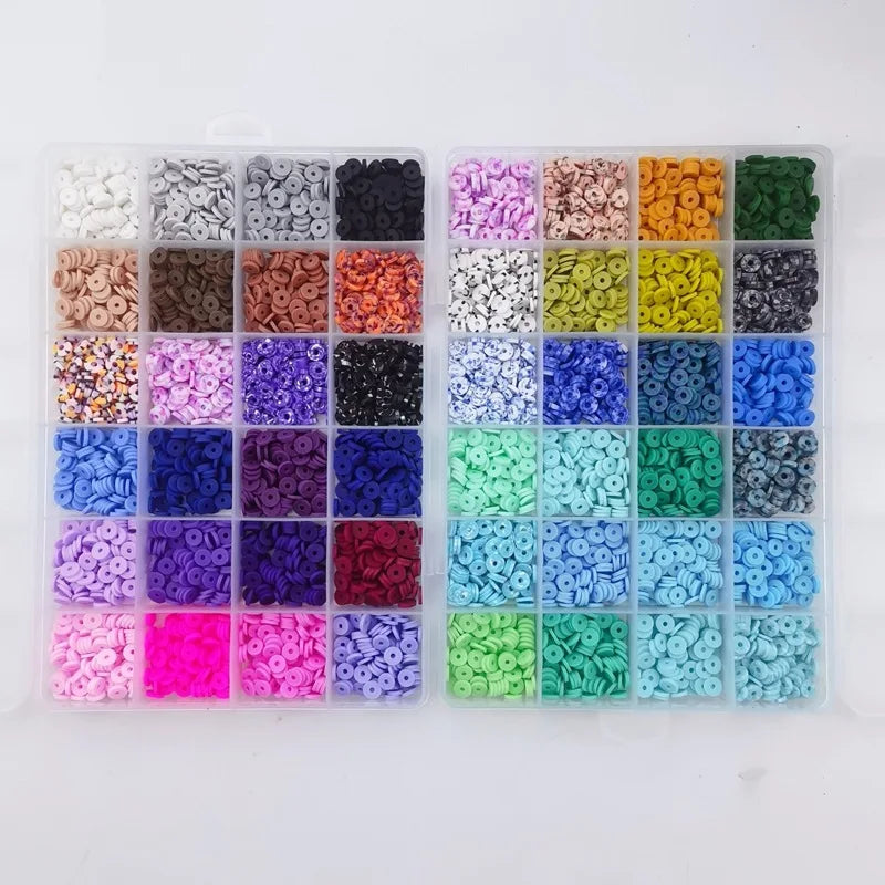 A flat round polymer clay bead kit featuring various colors and shades for DIY jewelry making.