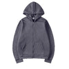A dark gray oversized zip-up hoodie with a hood and front pocket.