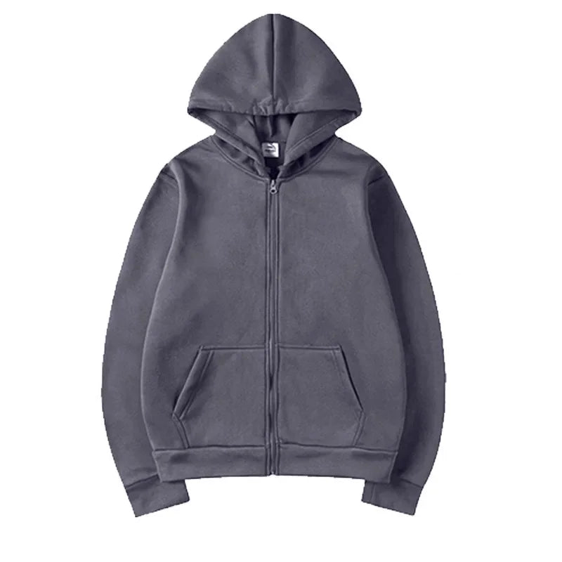 A dark gray oversized zip-up hoodie with a hood and front pocket.