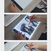 A series of images showing an A4 LED drawing board being used for digital art and drawing.