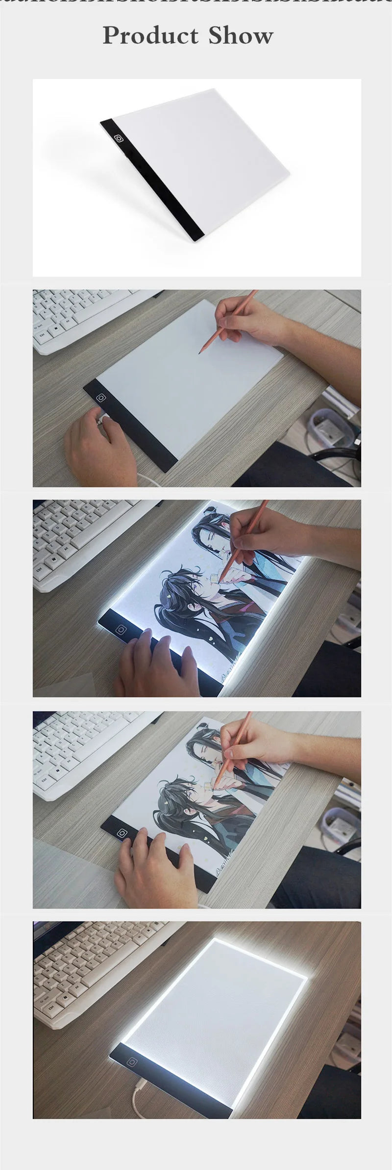 A series of images showing an A4 LED drawing board being used for digital art and drawing.