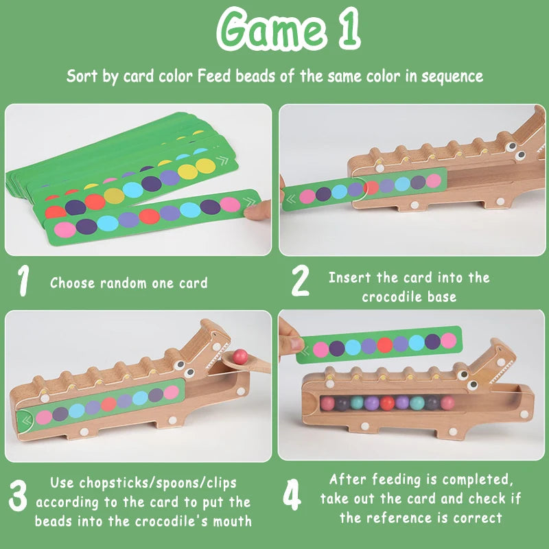 Instructions for a game where players sort colored beads in sequence by feeding them to a crocodile base.