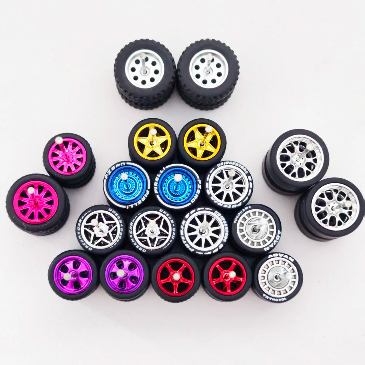 1/64 Scale Alloy Car Wheels with Rubber Tires - 10 Sets