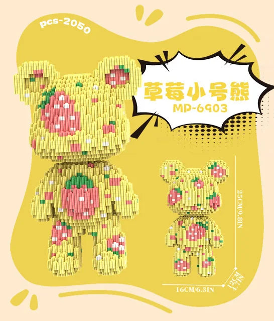 A yellow brick art bear figure made of small pink and green building blocks with a small flower bouquet.
