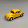 A yellow classic retro Beetle diecast model car with a black roof and chrome accents.