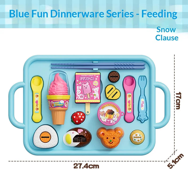 Blue Fun Dinnerware Feeding set featuring various food items like ice cream and fruit for pretend play